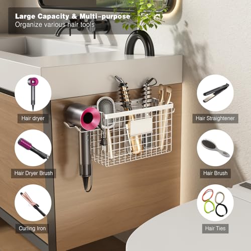 Voldra Hair Dryer Holder Cabinet Door, Adhesive Hair Tool Organizer Wall Mount Adjustable Height Blow Dryer Holder Under Sink/Countertop for Flat Curling Iron, Hair Brush and Straightener (1, White) - color: White