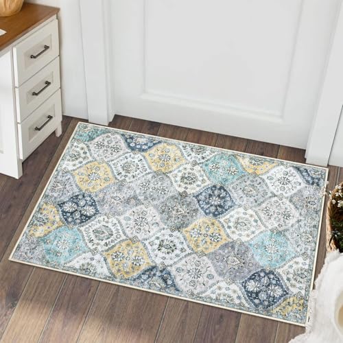 ROYHOME Washable Area Rug Moroccan Trellis Entryway Rug Doormat, 2' x 3' | Stain Resistant Non-Slip Accent Rug Vintage Medallion Distressed Floor Carpet for Front Entrance Kitchen, Blue/Yellow - color: Blue/Yellow, size: 2' x 3'