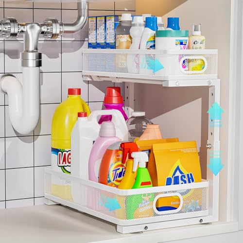 Under Sink Organizer, High Adjustable 2 Tier Under Sink Organizers and Storage, Slide out Metal Cabinet Organizers, Pull out Storage Drawer Shelf for Kitchen Bathroom Cabinet (White-1 pack) - color: White-1 pack