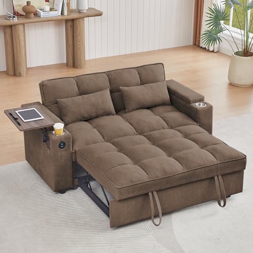 65" 3-in-1 Sofa Bed, Pull Out Sleeper Sofa with 360° Swivel Side Table, Storage Armrests, Cup Holders & USB Charging Ports, Chenille Convertible Couch for Living Room - color: 1107-coffee Brown-