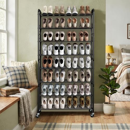 STORAGE MANIAC Tall Shoe Rack, 8 Tiers Shoe Organizer with Lockable Wheels for Entryway, Closet, Hallway, Double-Sided Vinyl Mesh Shelf Shoe Storage, Holds 60 Paris, Black
