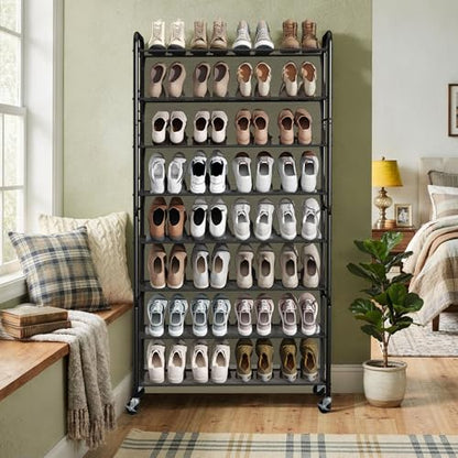 STORAGE MANIAC Tall Shoe Rack, 8 Tiers Shoe Organizer with Lockable Wheels for Entryway, Closet, Hallway, Double-Sided Vinyl Mesh Shelf Shoe Storage, Holds 60 Paris, Black