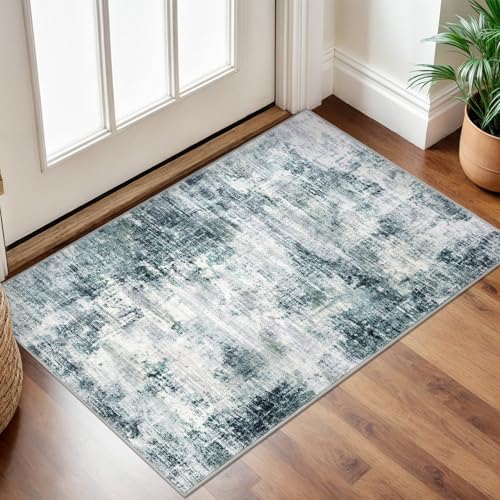 Small Abstract Area Rug 2x3 Ft Entryway Rugs Washable Door Mat Indoor Entrance, Rubber Backed Throw Rugs, Printed Faux Wool Non Slip Floor Carpet for Foyer Front Door Sink, Sage Grey - color: Sage/Grey/White, size: 2' x 3' (Rectangular)