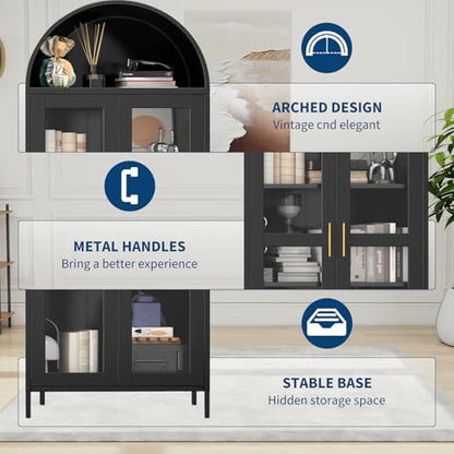 Garvee 73" Tall Arched Cabinet with Glass Doors and Adjustable Shelves | Black Arched Bookcase & Bookshelf, Freestanding Display Cabinet for Dining, Kitchen, Living Room, Powder-Coated Finish