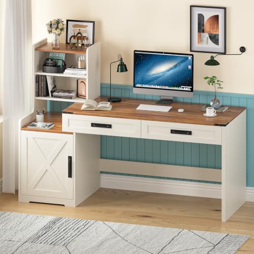 60" Computer Desk with Drawers & Bookshelves for Bedroom, Home Office | White Computer Desk with Bookcase & Drawers, Vanity Desk Writing Study Table with Storage, Antique White - color: Antique White