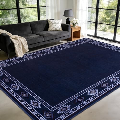 Large Geometric Area Rugs for Living Room Bedroom 4x6 Navy Blue Rug | Ultra Soft Washable Non Slip Stain Resistant Modern Low Pile Indoor Bordered Carpet for Nursery Home Decor Solid Aesthetic - color: Navy Blue, size: 4x6 Feet