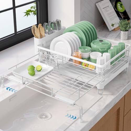 Kitsure Adjustable Dish Drying Rack, 15.6''-25.2''L × 16.9''W, White | Large Dish Drying Rack, Rust-Resistant Dish Racks for Kitchen Counter, With Adjustable Support Legs, Cutlery Holder - color: White