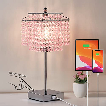 Luvkczc Crystal Touch Table Lamp, Bedside Lamp with USB C+A Ports, Pink Lamp, Dimmable Lamp with Crystal Shade, Nightstand Lamp for Girl Bedroom, Living Room, Bulb Included - color: Pink