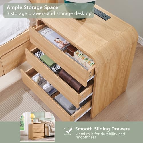 Aitjunz 25" Tall Modern Nightstand with Charging Station, 23.6'' Wide Wood Bedside Table w/3 Storage Drawers, Small Dresser w/Curved Profile Design, End Table for Bedroom, Natural Oak - color: Natural Oak