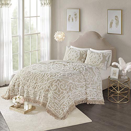 Madison Park Laetitia Lightweight 100% Cotton Quilt Set, Breathable Chenille Tufted, Shabby Chic Boho Medallion Design, Sham, Floral Taupe w/ Tassels, Full/Queen-2 Piece | Lightweight Bedding Set, Shabby Chic, Boho, Medallion, Floral, Machine Washable, Ea