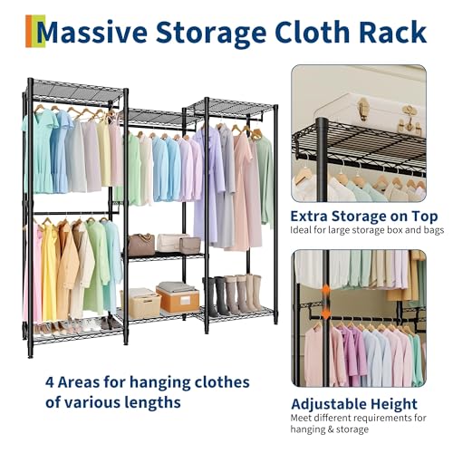 Freestanding Heavy Duty Garment Rack with Adjustable Shelves and Hanging Rods, Large 1630 Lbs Capacity Portable Closet Organizer for Bedroom or Cloakroom Storage, Black - size: (2x3x2)67.6"D x 15.5"W x 76.5"H