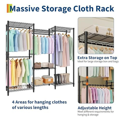 Freestanding Heavy Duty Garment Rack with Adjustable Shelves and Hanging Rods, Large 1630 Lbs Capacity Portable Closet Organizer for Bedroom or Cloakroom Storage, Black - size: (2x3x2)67.6"D x 15.5"W x 76.5"H