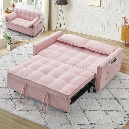 3 in 1 Pull Out Couch,Convertible Sleeper Sofa Bed, Corduroy-Pink | Futon Loveseat Couch with Pull-Out Bed & Adjustable Backrest Velvet Sofa with Side Pocket for Small Apartment - color: Corduroy-pink, size: 54.3 "