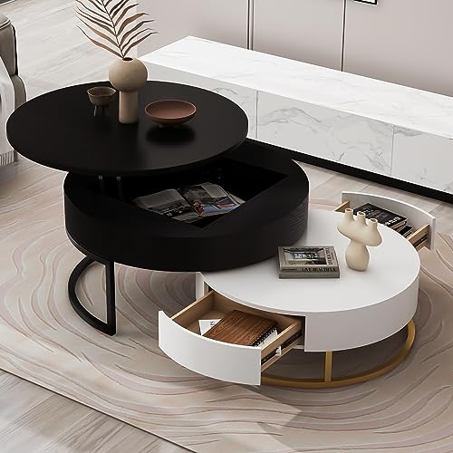 Modern Round Lift-top Nesting Coffee Tables with 2 Drawers for Living Room White & Black - color: White+black