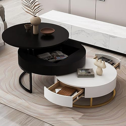 Modern Round Lift-top Nesting Coffee Tables with 2 Drawers for Living Room White & Black - color: White+black