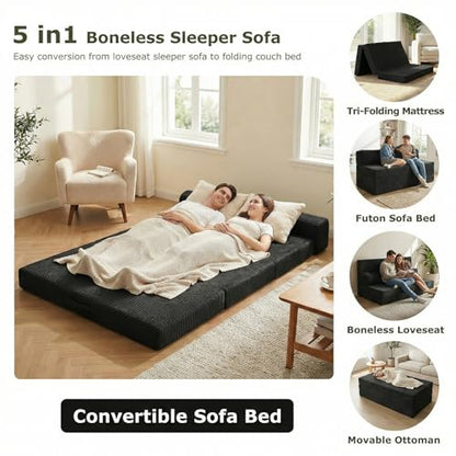 5-in-1 Convertible Sofa Bed, Boneless Couch Loveseat with Removable Cushions & Washable Cover, Futon Sofa Bed with Handle, Pull Out Couch for Small Spaces, Full Size, Black - color: Black, size: Full Size-80''L*54''W