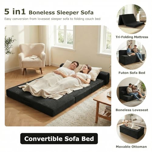 5-in-1 Convertible Sofa Bed, Boneless Couch Loveseat with Removable Cushions & Washable Cover, Futon Sofa Bed with Handle, Pull Out Couch for Small Spaces, Queen Size, Black - color: Black, size: Queen Size-80''L*60''W