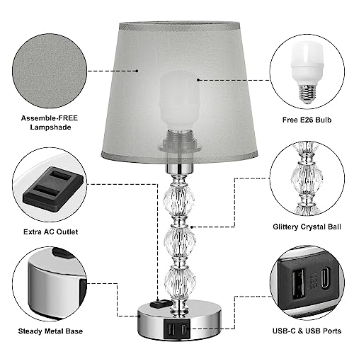 Crystal Table Lamp Set of 2 for Bedroom/Living Room, 14.6in (Gray) | 3 Way Dimmable Touch Control, Bedside Nightstand Light, USB C & A Ports, Metal Base, FREE Bulbs Included, Modern Design