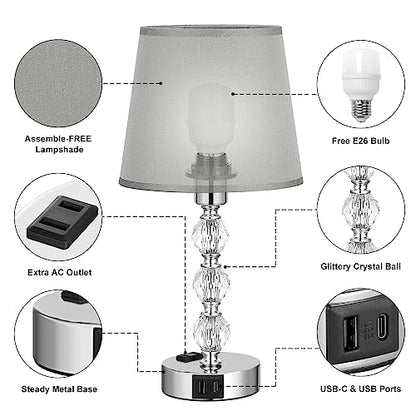Crystal Table Lamp Set of 2 for Bedroom/Living Room, 14.6in (Gray) | 3 Way Dimmable Touch Control, Bedside Nightstand Light, USB C & A Ports, Metal Base, FREE Bulbs Included, Modern Design