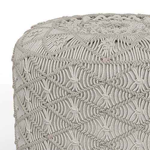 SIMPLIHOME Connor 34" Wide Round Pouf in Distressed Brown Genuine Leather - color: Cloud Grey, style: Cotton Pouf