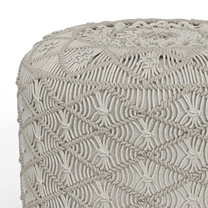 SIMPLIHOME Connor 34" Wide Round Pouf in Distressed Brown Genuine Leather - color: Cloud Grey, style: Cotton Pouf