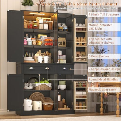 71"H Tall Kitchen Pantry Cabinet with LED Lights,39"W Modern Large Kitchen Hutch Cabinet w/6 Door Shelves,2 Large Drawer,Freestanding Food Pantry w/Adjustable Shelves for Kitchen,Dining Room,Black - color: Black