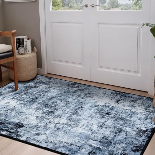 Rugflix 3x5 Entrance Rugs, Washable Navy Blue Dark Entry Small Rug | Machine Washable; Stain-Resistant; Low Pile; Non-Slip; Modern Abstract; Black Carpet for Entryway Kitchen Hallway Home - color: 01-ocean Blue, size: 3' x 5' (Rectangular)