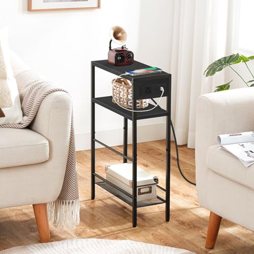 HOOBRO Small Narrow Side Table with Charging Station, Skinny End Table for Small Spaces, Slim Nightstand with USB Ports Outlet, Sofa Beside Table with Storage Shelf, Black BB102UBZ01 - color: Black
