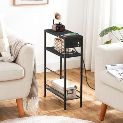 HOOBRO Small Narrow Side Table with Charging Station, Skinny End Table for Small Spaces, Slim Nightstand with USB Ports Outlet, Sofa Beside Table with Storage Shelf, Black BB102UBZ01 - color: Black