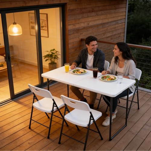 Folding Table 4ft - Heavy Duty Fold-in-Half Plastic Table with Adjustable Height, Portable Utility Tables with Steel Legs for Indoor, Outdoor, Picnic, Camping, Dining, Party (White) - color: White, size: 4FT