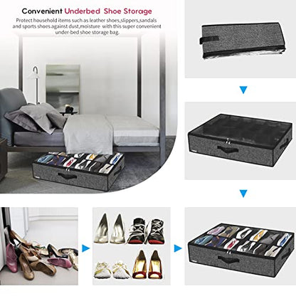 Onlyeasy Sturdy Under Bed Shoe Storage Organizer, Set of 2, Fit 12 to 24 Pairs, Underbed Shoes Closet Storage Solution with Clear Window, Breathable, L29.3 x W23.6 x H5.9, Linen-like Black, MXAUBSB2P - color: 2 Shoes (12+12 Cells) Linen-like Black