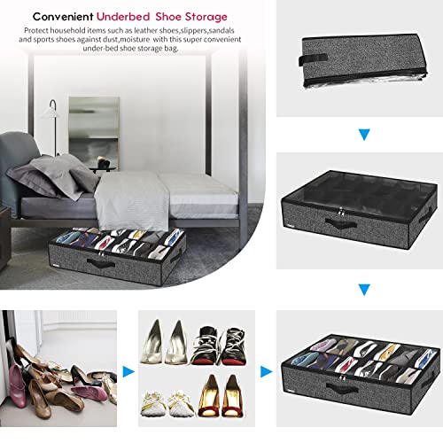 Onlyeasy Under Bed Shoe Storage Organizer with Sturdy Handles and Clear Window 1 Pack Fits 12 Pairs, Premium Foldable Underbed Shoes Container Box for Closet, Linen-like Black, MXAUBSB1P - color: Linen-like Black 1 Shoes (12 Cells)