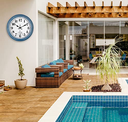 JENLYSTIME 12 Inch Indoor/Outdoor Retro Waterproof Wall Clock with Thermometer Silent Round Quartz Battery Operated Easy to Read Decorative for Kitchen Patio,Bathroom,Deck,Porch,Pool(Blue) - color: 12 Blue
