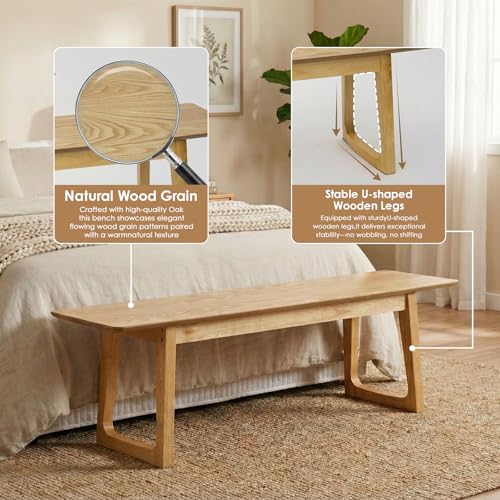 HNY Farmhouse Dining Bench, Solid Entryway Bench, 55 Inch Long Wooden Bench, Kitchen Dining Seat for Entryway/Dining Room/Kitchen/Living Room, Oak - color: Oak Wood, size: 1 bench