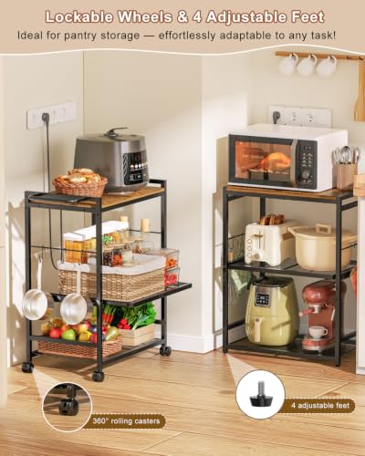 Feyejade 3-Tier Rolling Kitchen Cart with Storage, Compact Metal Island | Compact size for pantry storage, adjustable shelf utility cart, pull out drawer, microwave stand table top open shelving