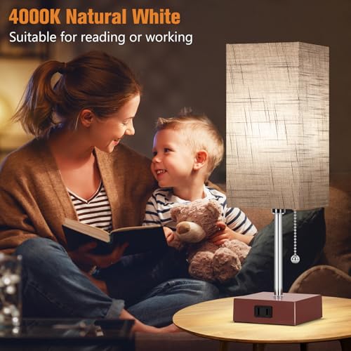 PLMMY Bedside Table Lamp for Bedroom Nightstand, 3 Color Pull Chain Nightstand Lamps Set of 2 with AC Outlets, Square Gray Lampshade Bedside Lamp for Living Room, Office Desk, LED Bulb Included - color: Gray Shade-Brown Base