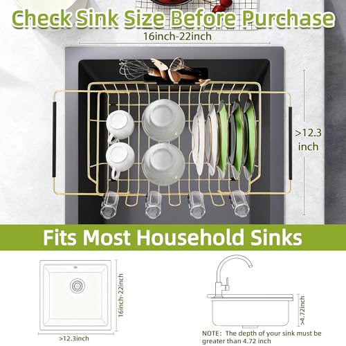 Dish Drying Rack-Large Stainless Steel Dish Drainer Over The Sink for Kitchen Countertop with Utensil Holder and Silicone Drying Mat(Gold, in Sink, 24.2'*13.2') - color: Gold, size: In sink,Extra Large