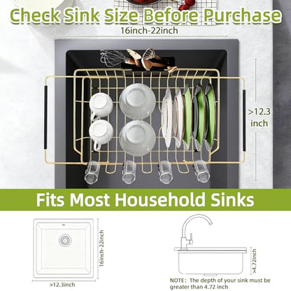 Dish Drying Rack-Large Stainless Steel Dish Drainer Over The Sink for Kitchen Countertop with Utensil Holder and Silicone Drying Mat(Gold, in Sink, 24.2'*13.2') - color: Gold, size: In sink,Extra Large