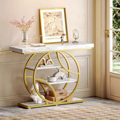 Huuger 41.3 Inch Entryway Table, Console Table with Shelves, Sofa Table | Entrance Table, Console Tables for Entryway, Hallway, Entrance, Foyer, Living Room, O-Shaped Hall Table, White Marble & Gold - color: Marble Gold, size: 11.8"D x 41.3"W x 31.5"H