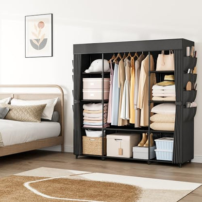 Portable Closet for Hanging Clothes 57.3 Inch Large Capacity Wardrobe Closet with Cover, 8 Pockets and 1 Hanging Rod, Easy Assembly Closet Organizer for Bedroom, Black
