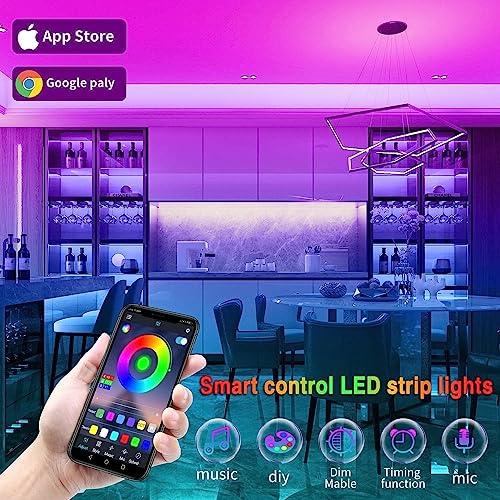 REEMEER Led Lights 100ft Smart APP Control Music Sync Strip Lights RGB Color Changing Strips with Remote, for Bedroom Kitchen and Party - size: 100 ft