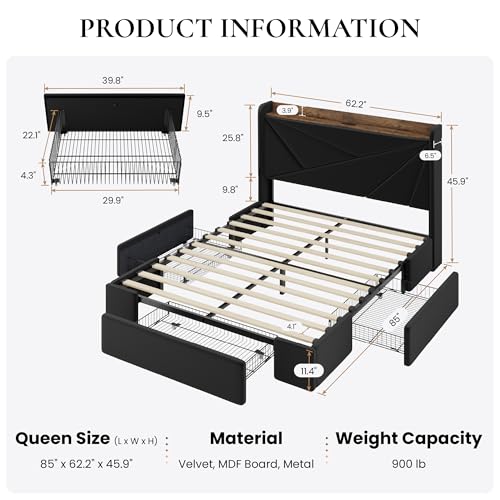 SHA CERLIN Queen Bed Frame, Storage Headboard with Drawers, Charging, Black | Velvet Upholstered Bed, Modern Wingback Headboard, 3 Drawers, USB Charging Station, No Box Spring Needed, Easy Assembly - color: Black, size: Queen