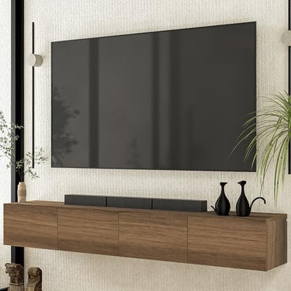 Atelier Mobili Floating TV Stand Wall Mounted for 75-85 Inch TVs - Modern Entertainment Center with Storage - 2-Piece Modular Design Easy Assembly - Walnut Wood Media Console Cabinet for Living Room - size: 4 Doors