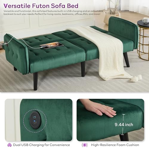 65'' Convertible Futon Sofa Bed with USB, Small Couch for Living Room | Sleeper Sofa and Loveseat, Adjustable Folding Couch with Tufted Design and 2 USB Ports, Bedroom Apartment Office, Green - color: Green