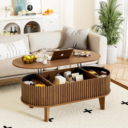 Oval Lift Top Coffee Table with Storage, 41" Wood Fluted Modern Living Room Center Table for Home Office, Walnut - color: Walnut