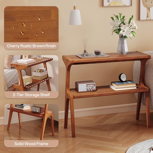 Solid Wood End Table | 2-Tier Side Table with Storage Shelf, Bedside Table for Sofa, Living Room, Bedroom, Small Space, Easy Assembly, Cherry - color: Cherry