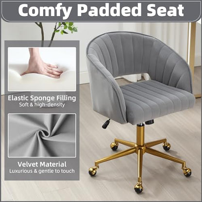 Desk Chair with Wheels, Gold Base, Velvet Accent Vanity Armchair, Grey | Spacious‌ Soft Seat, Swivel Height Adjustable, Rocking Function, Modern Stripe for Girls &Women Bedroom Makeup or Nail - color: Grey Velvet