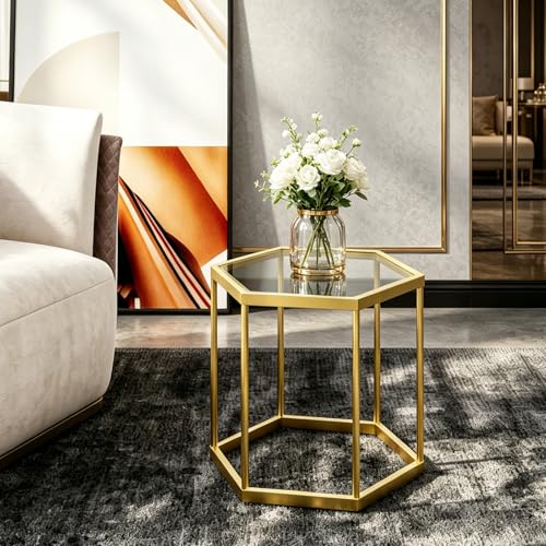 Hexagonal Modular Coffee Table, Gold Plated Frame, Tempered Glass Top, Geometric Accent Side Table, Multi-Purpose Nesting Table for Living Room Bedroom, Set of 1 - size: 1 Piece