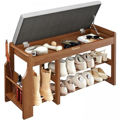 Pipishell 34" Pine Wood Shoe Bench Entryway with Soft Cushion and Storage | Lift-top storage, side holder, 440 lbs weight capacity, sturdy and durable, EPA & CARB-certified, holds 7 pairs, for entryway - size: 33.6 Inch
