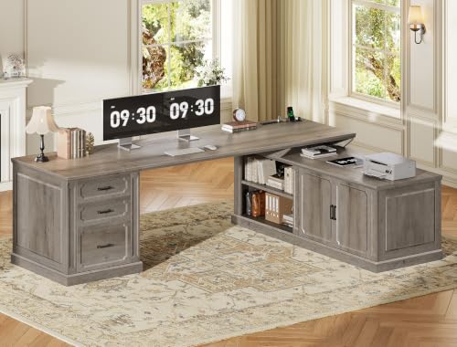 SEDETA Farmhouse L Shaped Desk with Drawers, 70.9" Home Office Desk with Storage Cabinet and Storage Shelves, L Shaped Computer Desk with Power Outlet，Gray - color: Grey, size: 70.9" L Shaped Desk